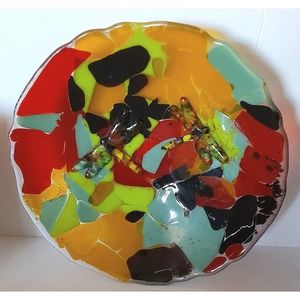 Beautiful Dragon Fly Colorful Fused Glass Bowl 10"x2"